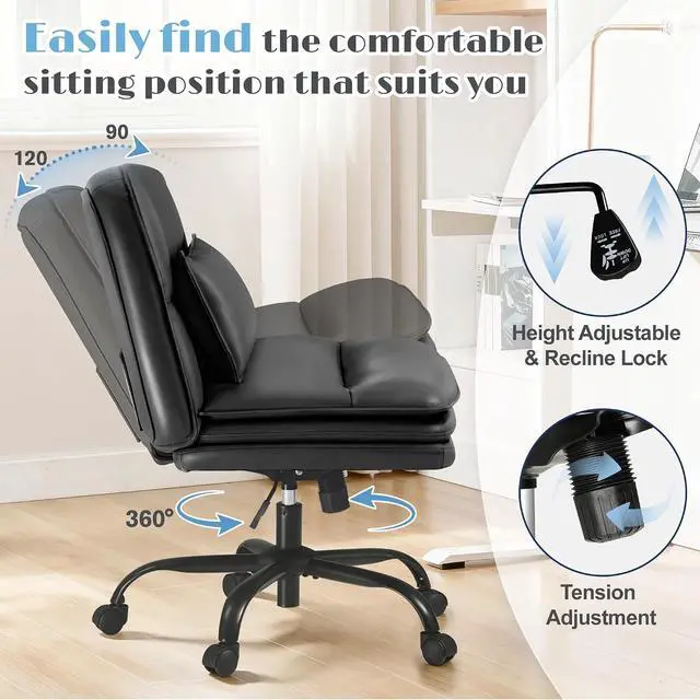 Alt view image 4 of 7 - Criss Cross Legged Office Chair with Wheels, Armless Extra Wide Seat Swivel Desk Chair, Adjustable Height Comfy Task Chair with Thick Cushion for Home Office Bedroom Vanity (PU Leather, Black)