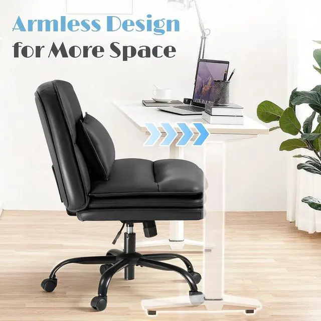 Alt view image 6 of 7 - Criss Cross Legged Office Chair with Wheels, Armless Extra Wide Seat Swivel Desk Chair, Adjustable Height Comfy Task Chair with Thick Cushion for Home Office Bedroom Vanity (PU Leather, Black)