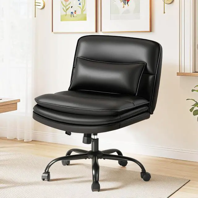 Alt view image 7 of 7 - Criss Cross Legged Office Chair with Wheels, Armless Extra Wide Seat Swivel Desk Chair, Adjustable Height Comfy Task Chair with Thick Cushion for Home Office Bedroom Vanity (PU Leather, Black)