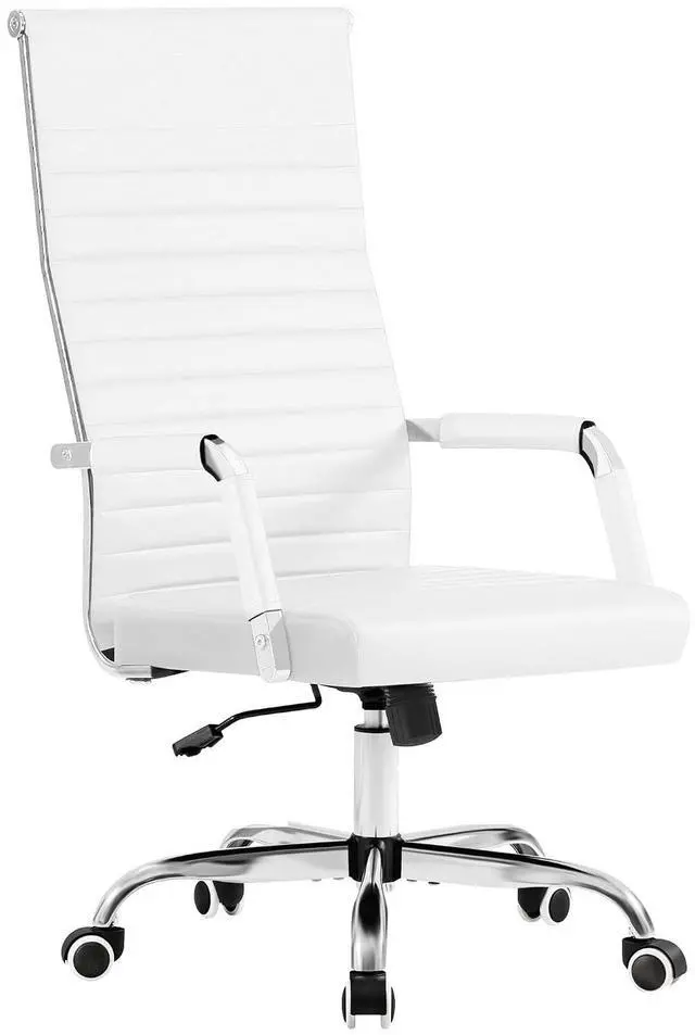 Main image of Ribbed Office Chair High Back PU Leather Executive Conference Chair Adjustable Swivel Chair with Arms (White)