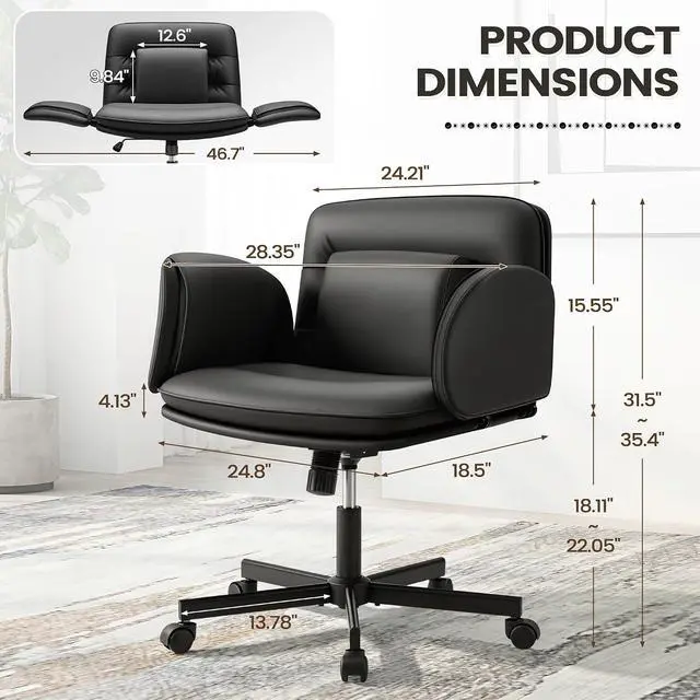 Alt view image 2 of 7 - Vanity Chair with Adjustable Armrests, Comfortable Oversized PU Leather Criss Cross Chair with Wheels, Wide Office Desk Chair for Home, Make Up, Bed Room (Black)