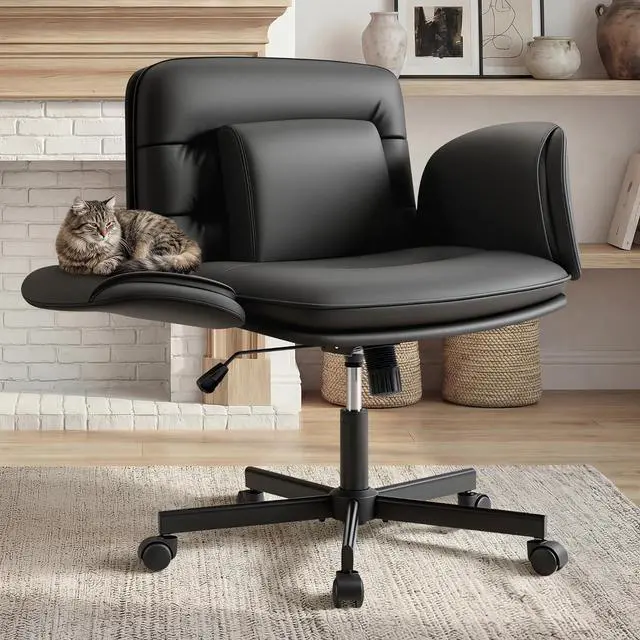 Main image of Vanity Chair with Adjustable Armrests, Comfortable Oversized PU Leather Criss Cross Chair with Wheels, Wide Office Desk Chair for Home, Make Up, Bed Room (Black)