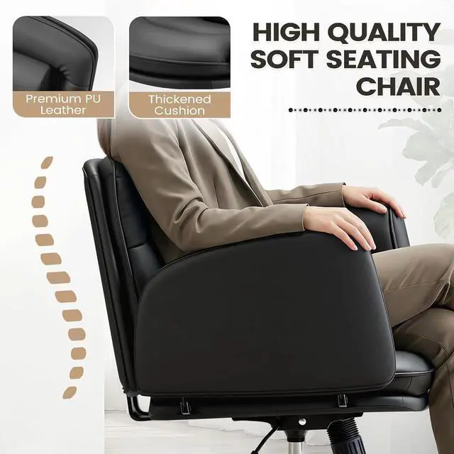 Alt view image 3 of 7 - Vanity Chair with Adjustable Armrests, Comfortable Oversized PU Leather Criss Cross Chair with Wheels, Wide Office Desk Chair for Home, Make Up, Bed Room (Black)