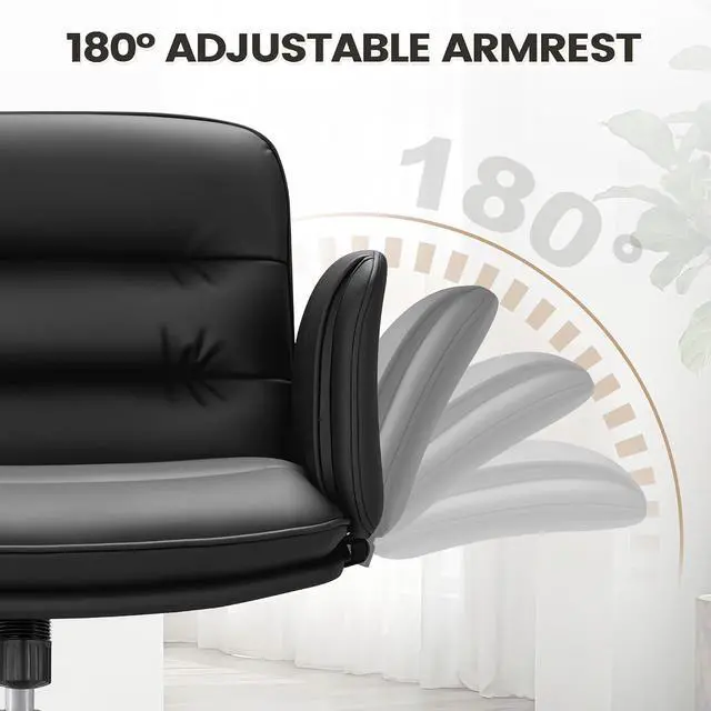 Alt view image 4 of 7 - Vanity Chair with Adjustable Armrests, Comfortable Oversized PU Leather Criss Cross Chair with Wheels, Wide Office Desk Chair for Home, Make Up, Bed Room (Black)