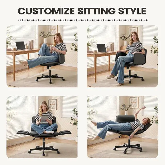 Alt view image 5 of 7 - Vanity Chair with Adjustable Armrests, Comfortable Oversized PU Leather Criss Cross Chair with Wheels, Wide Office Desk Chair for Home, Make Up, Bed Room (Black)
