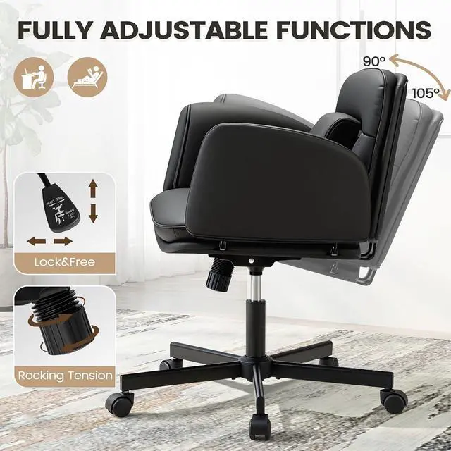 Alt view image 6 of 7 - Vanity Chair with Adjustable Armrests, Comfortable Oversized PU Leather Criss Cross Chair with Wheels, Wide Office Desk Chair for Home, Make Up, Bed Room (Black)