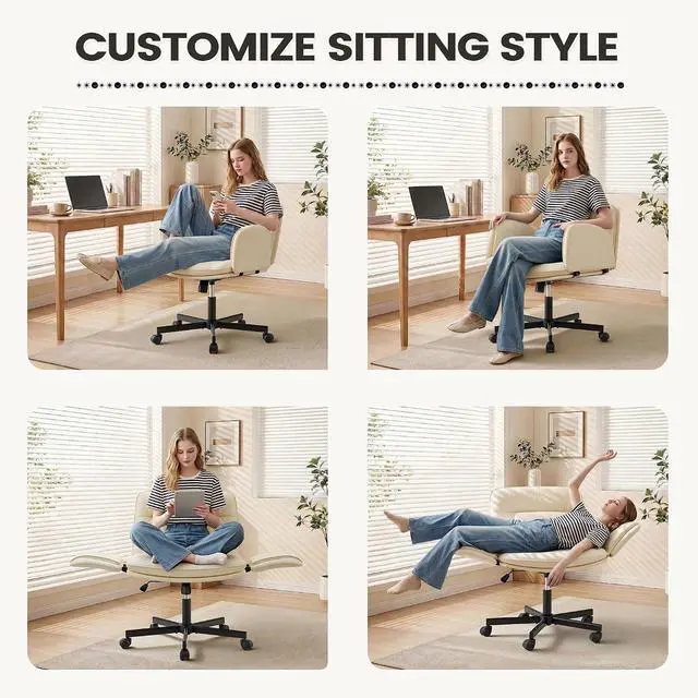 Alt view image 4 of 7 - Vanity Chair with Adjustable Armrests, Comfortable Oversized PU Leather Criss Cross Chair with Wheels, Wide Office Desk Chair for Home, Make Up, Bed Room (Beige)