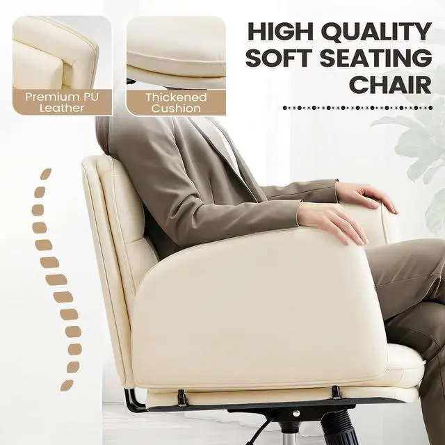 Alt view image 3 of 7 - Vanity Chair with Adjustable Armrests, Comfortable Oversized PU Leather Criss Cross Chair with Wheels, Wide Office Desk Chair for Home, Make Up, Bed Room (Beige)