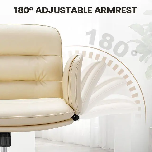 Alt view image 5 of 7 - Vanity Chair with Adjustable Armrests, Comfortable Oversized PU Leather Criss Cross Chair with Wheels, Wide Office Desk Chair for Home, Make Up, Bed Room (Beige)