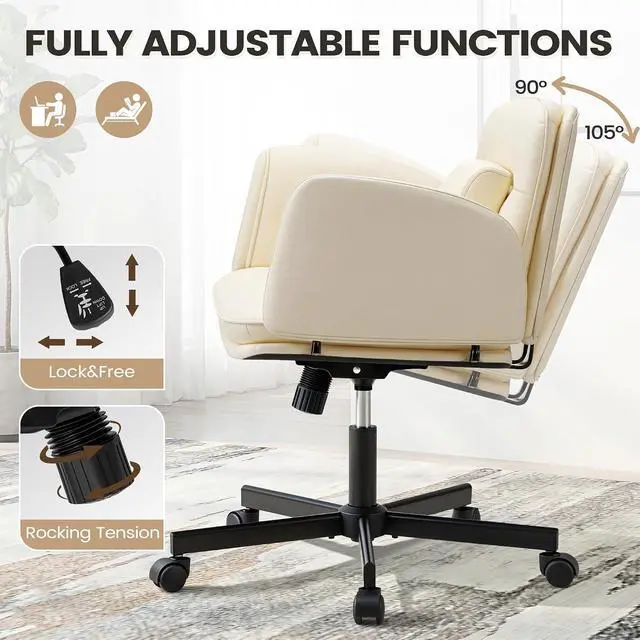 Alt view image 6 of 7 - Vanity Chair with Adjustable Armrests, Comfortable Oversized PU Leather Criss Cross Chair with Wheels, Wide Office Desk Chair for Home, Make Up, Bed Room (Beige)