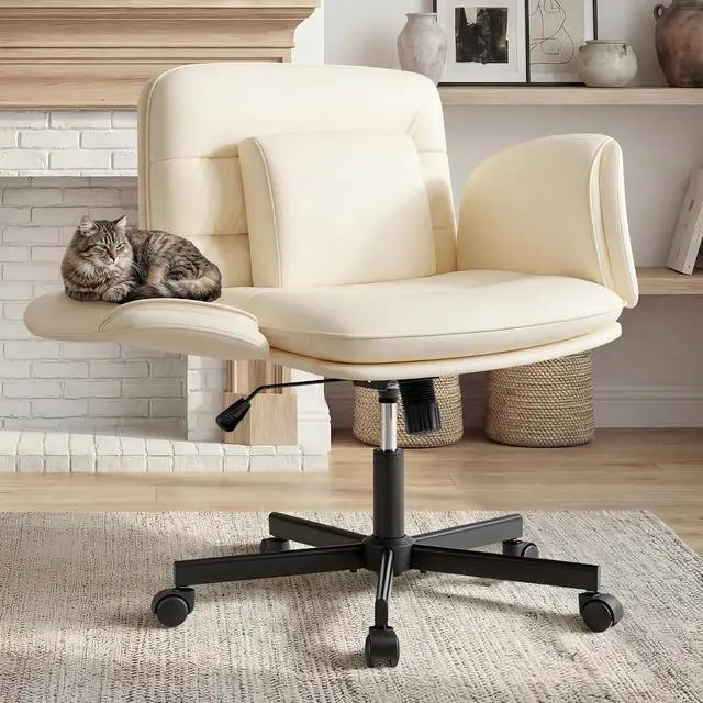 Alt view image 7 of 7 - Vanity Chair with Adjustable Armrests, Comfortable Oversized PU Leather Criss Cross Chair with Wheels, Wide Office Desk Chair for Home, Make Up, Bed Room (Beige)