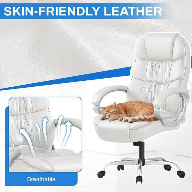 Alt view image 5 of 7 - Leather High Back Office Chair Ergonomic Executive Office Chair Swivel Computer Desk Chair Lumbar Support Soft Cushioned Padded Arms (White)