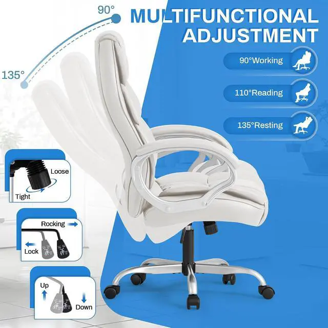Alt view image 4 of 7 - Leather High Back Office Chair Ergonomic Executive Office Chair Swivel Computer Desk Chair Lumbar Support Soft Cushioned Padded Arms (White)