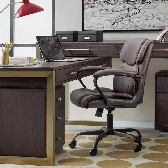 Alt view image 2 of 7 - Mid Back Executive Office Chair Swivel Computer Task Chair with Armrests,Ergonomic Leather-Padded Desk Chair with Lumbar Support (Brown)