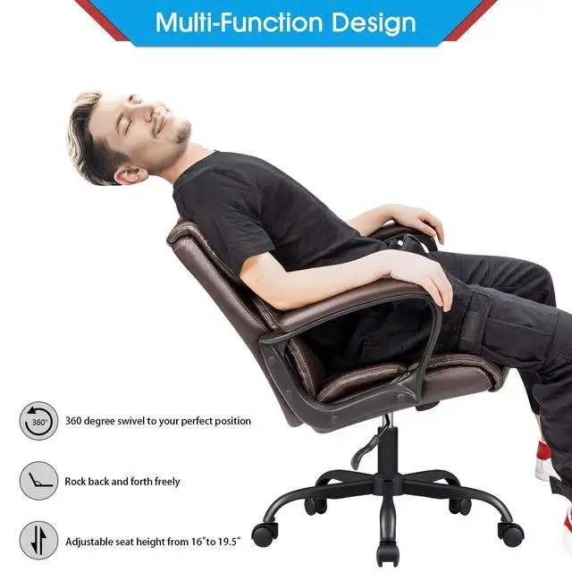 Alt view image 6 of 7 - Mid Back Executive Office Chair Swivel Computer Task Chair with Armrests,Ergonomic Leather-Padded Desk Chair with Lumbar Support (Brown)