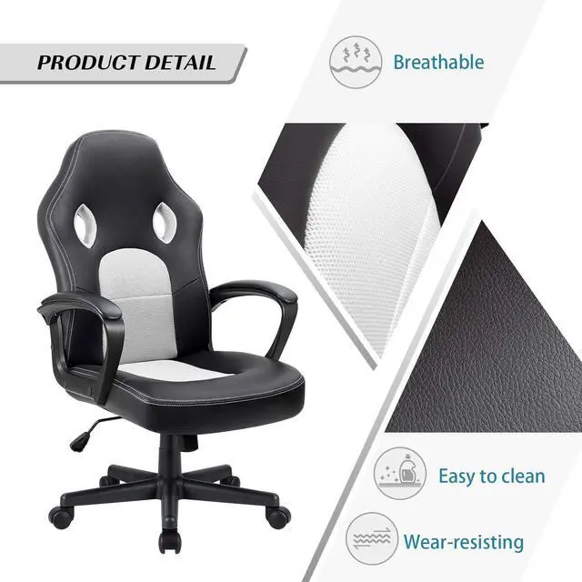 Alt view image 4 of 7 - Office Chair Desk Chair Leather Gaming Chair Computer Chair Racing Style Ergonomic Adjustable Swivel Task Chair with Lumbar Support and Arms (White)