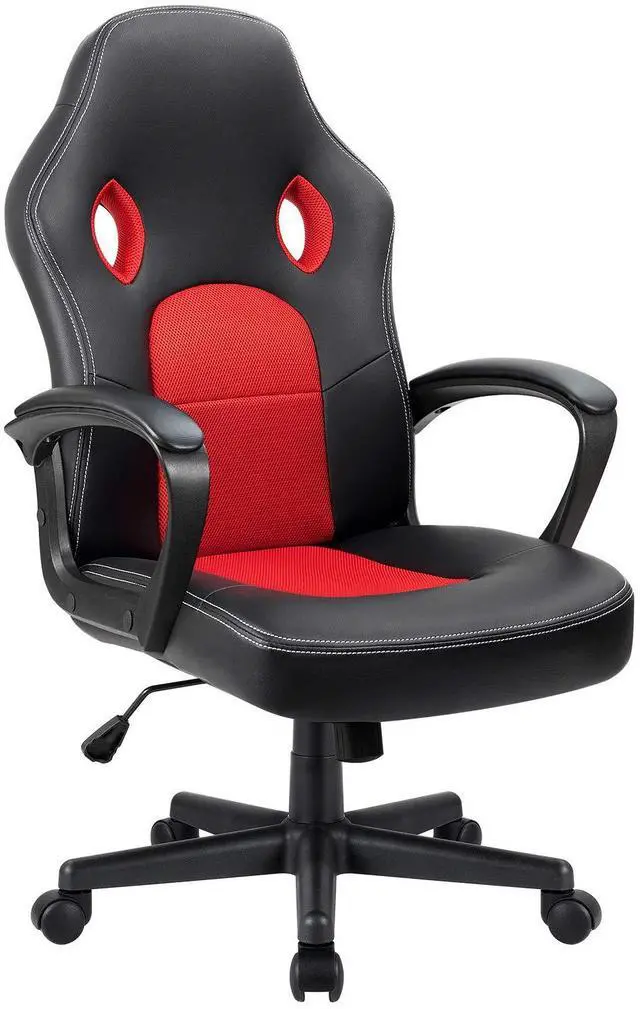 Main image of Red Gaming Chair, Adjustable Swivel Desk Chair with Padded Armrests and Lumbar Support, Leather and Mesh Design
