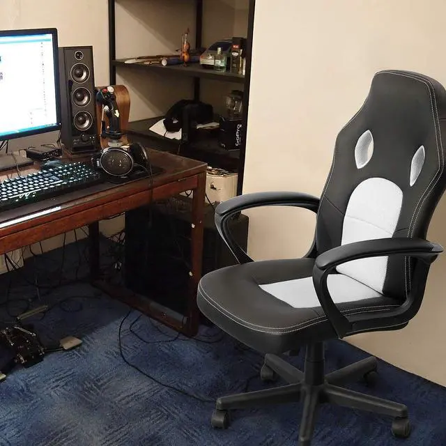 Alt view image 7 of 7 - Office Chair Desk Chair Leather Gaming Chair Computer Chair Racing Style Ergonomic Adjustable Swivel Task Chair with Lumbar Support and Arms (White)