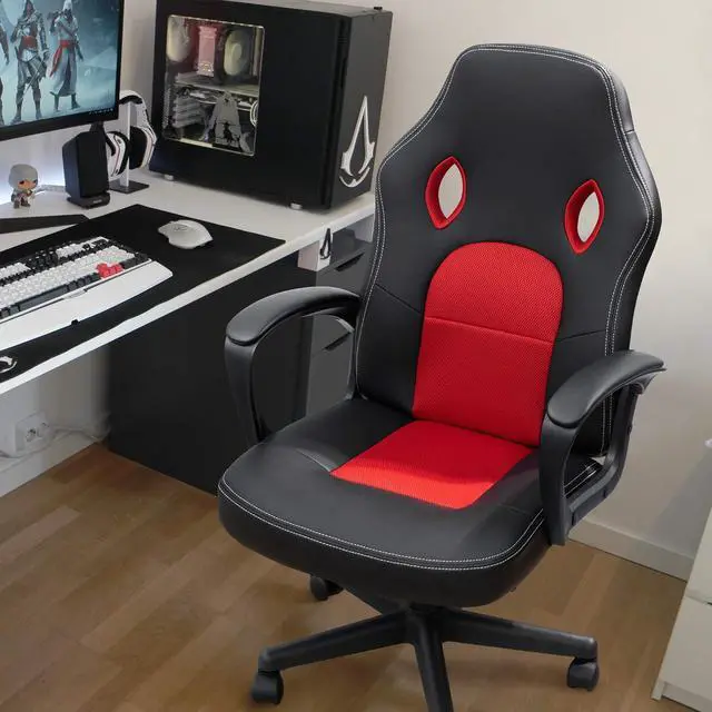 Alt view image 2 of 7 - Red Gaming Chair, Adjustable Swivel Desk Chair with Padded Armrests and Lumbar Support, Leather and Mesh Design