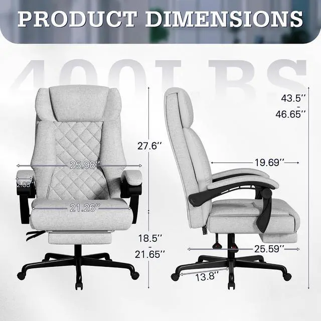Alt view image 3 of 7 - Massage Office Chair with Foot Rest 6 Points Vibration 400LBS Big and Tall Office Chair for Heavy People High Back Reclining Executive Computer Chair for Home Office Desk (Grey)