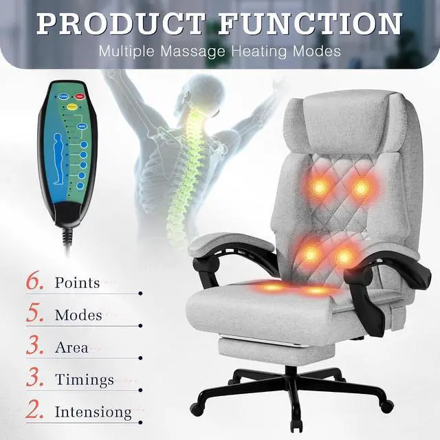 Alt view image 4 of 7 - Massage Office Chair with Foot Rest 6 Points Vibration 400LBS Big and Tall Office Chair for Heavy People High Back Reclining Executive Computer Chair for Home Office Desk (Grey)