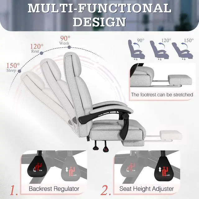 Alt view image 7 of 7 - Massage Office Chair with Foot Rest 6 Points Vibration 400LBS Big and Tall Office Chair for Heavy People High Back Reclining Executive Computer Chair for Home Office Desk (Grey)