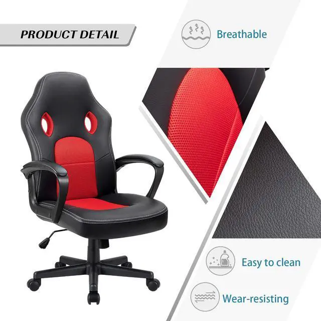 Alt view image 4 of 7 - Red Gaming Chair, Adjustable Swivel Desk Chair with Padded Armrests and Lumbar Support, Leather and Mesh Design