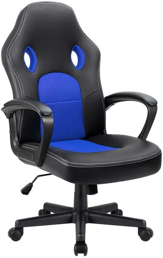 Main image of Blue Leather Office Chair with Adjustable Swivel Base, Padded Armrests and Lumbar Support