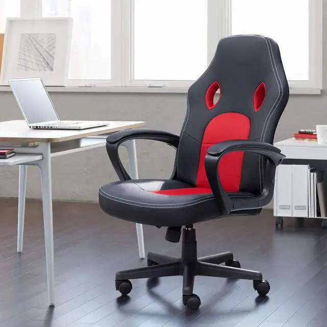 Alt view image 7 of 7 - Red Gaming Chair, Adjustable Swivel Desk Chair with Padded Armrests and Lumbar Support, Leather and Mesh Design