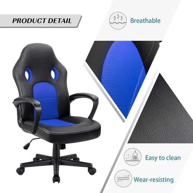 Alt view image 4 of 7 - Blue Leather Office Chair with Adjustable Swivel Base, Padded Armrests and Lumbar Support
