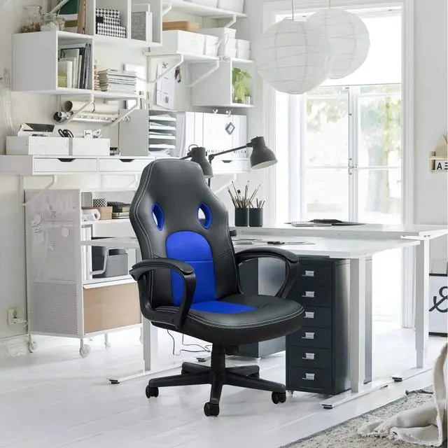 Alt view image 2 of 7 - Blue Leather Office Chair with Adjustable Swivel Base, Padded Armrests and Lumbar Support