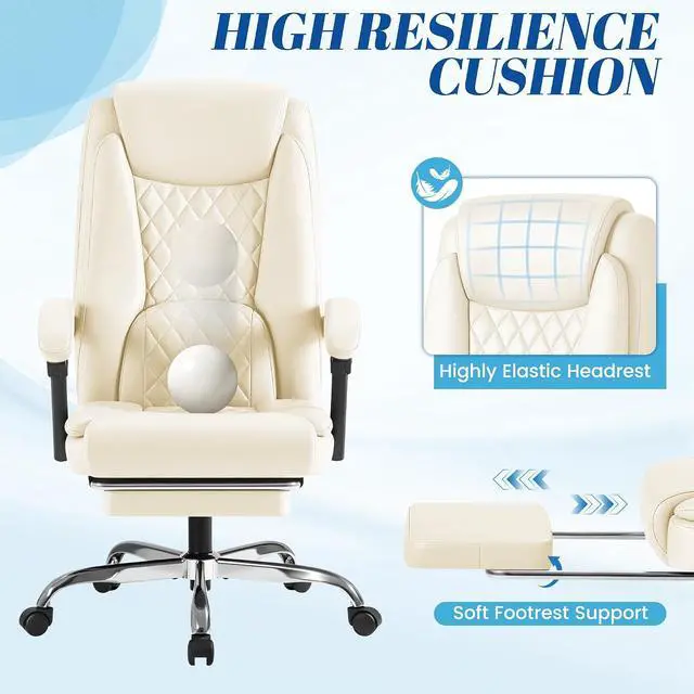 Alt view image 5 of 7 - Office Chair with Footrest Ergonomic High Back Design Executive Computer Desk Chair400lbs, 90-135° Reclining Leather Home Office Desk Chairs Swivel Task Chairs with Wheels (Beige)