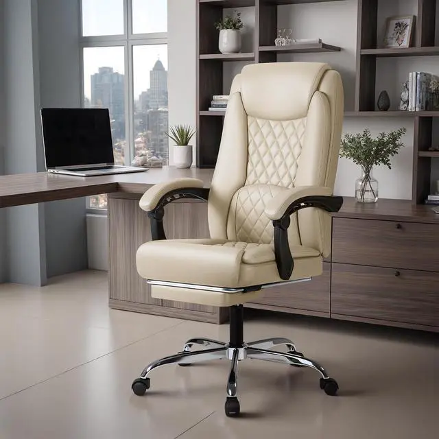 Alt view image 2 of 7 - Office Chair with Footrest Ergonomic High Back Design Executive Computer Desk Chair400lbs, 90-135° Reclining Leather Home Office Desk Chairs Swivel Task Chairs with Wheels (Beige)