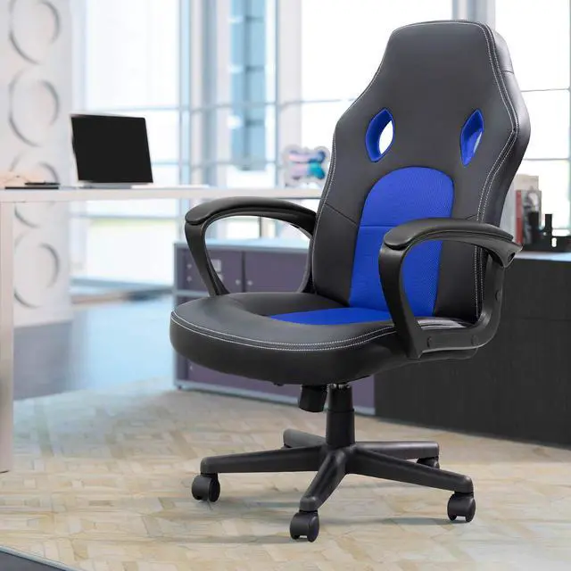 Alt view image 7 of 7 - Blue Leather Office Chair with Adjustable Swivel Base, Padded Armrests and Lumbar Support