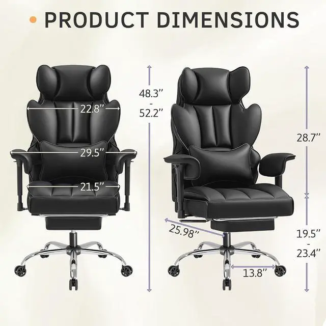Alt view image 3 of 7 - Big and Tall Office Chair, High Back Gaming Chair with Footrest for Heavy People, 400LBS Ergonomic Comfy Office Chair with Adjustable Armrests for Home Office (Black)
