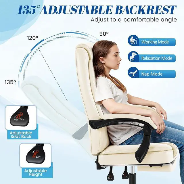 Alt view image 6 of 7 - Office Chair with Footrest Ergonomic High Back Design Executive Computer Desk Chair400lbs, 90-135° Reclining Leather Home Office Desk Chairs Swivel Task Chairs with Wheels (Beige)