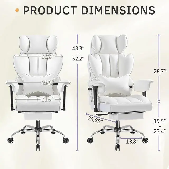 Alt view image 3 of 7 - Big and Tall Office Chair, High Back Gaming Chair with Footrest for Heavy People, 400LBS Ergonomic Comfy Office Chair with Adjustable Armrests for Home Office (White)