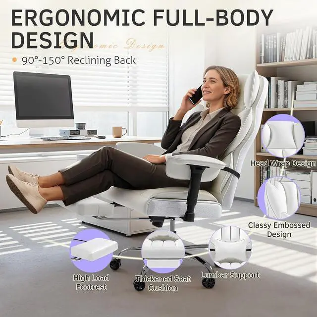 Alt view image 4 of 7 - Big and Tall Office Chair, High Back Gaming Chair with Footrest for Heavy People, 400LBS Ergonomic Comfy Office Chair with Adjustable Armrests for Home Office (White)