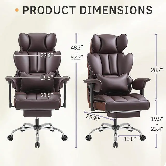 Alt view image 3 of 7 - Big and Tall Office Chair, High Back Gaming Chair with Footrest for Heavy People, 400LBS Ergonomic Comfy Office Chair with Adjustable Armrests for Home Office (Brown)