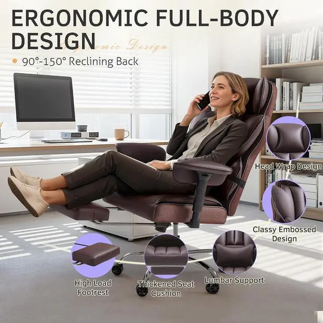 Alt view image 4 of 7 - Big and Tall Office Chair, High Back Gaming Chair with Footrest for Heavy People, 400LBS Ergonomic Comfy Office Chair with Adjustable Armrests for Home Office (Brown)