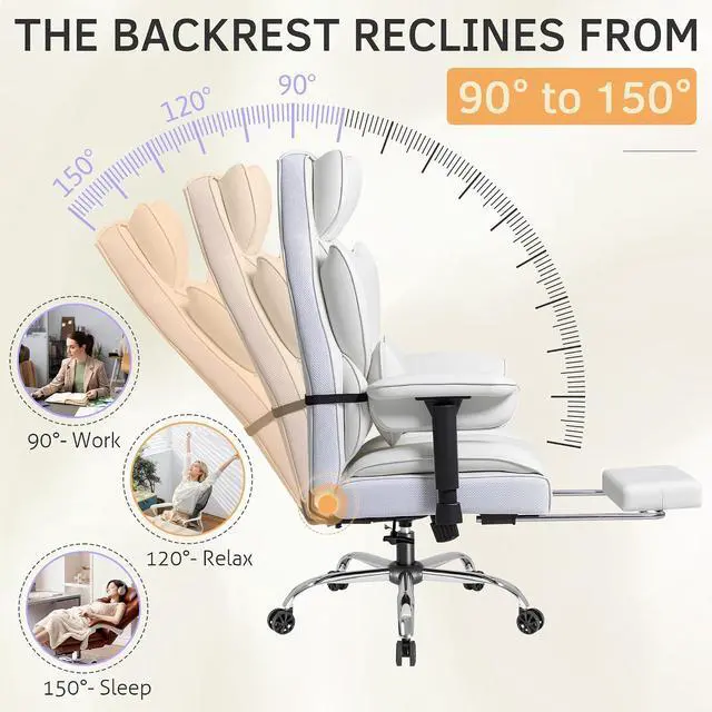Alt view image 5 of 7 - Big and Tall Office Chair, High Back Gaming Chair with Footrest for Heavy People, 400LBS Ergonomic Comfy Office Chair with Adjustable Armrests for Home Office (White)