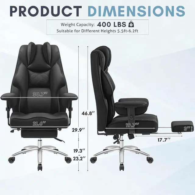 Alt view image 3 of 7 - Massage Office Chair with Foot Rest for Heavy People, Big and Tall Ergonomic Desk Chair 400LBS Reclining High Back Executive Chair with Adjustable Armrests (Mesh, Black)