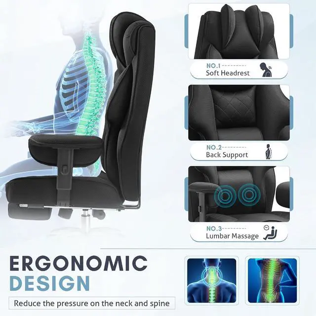 Alt view image 4 of 7 - Massage Office Chair with Foot Rest for Heavy People, Big and Tall Ergonomic Desk Chair 400LBS Reclining High Back Executive Chair with Adjustable Armrests (Mesh, Black)