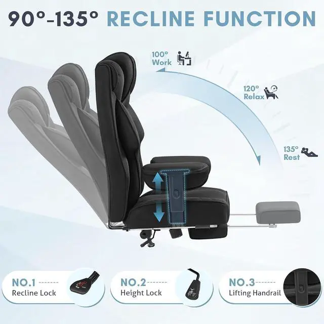 Alt view image 6 of 7 - Massage Office Chair with Foot Rest for Heavy People, Big and Tall Ergonomic Desk Chair 400LBS Reclining High Back Executive Chair with Adjustable Armrests (Mesh, Black)