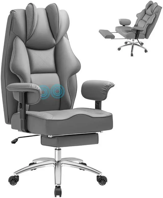 Main image of Massage Office Chair with Foot Rest for Heavy People, Big and Tall Ergonomic Desk Chair 400LBS Reclining High Back Executive Chair with Adjustable Armrests (Leather, Gray)