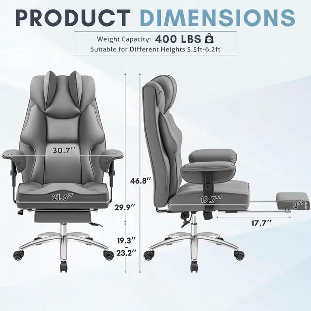 Alt view image 3 of 7 - Massage Office Chair with Foot Rest for Heavy People, Big and Tall Ergonomic Desk Chair 400LBS Reclining High Back Executive Chair with Adjustable Armrests (Leather, Gray)