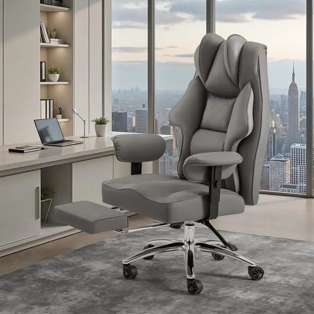 Alt view image 2 of 7 - Massage Office Chair with Foot Rest for Heavy People, Big and Tall Ergonomic Desk Chair 400LBS Reclining High Back Executive Chair with Adjustable Armrests (Leather, Gray)