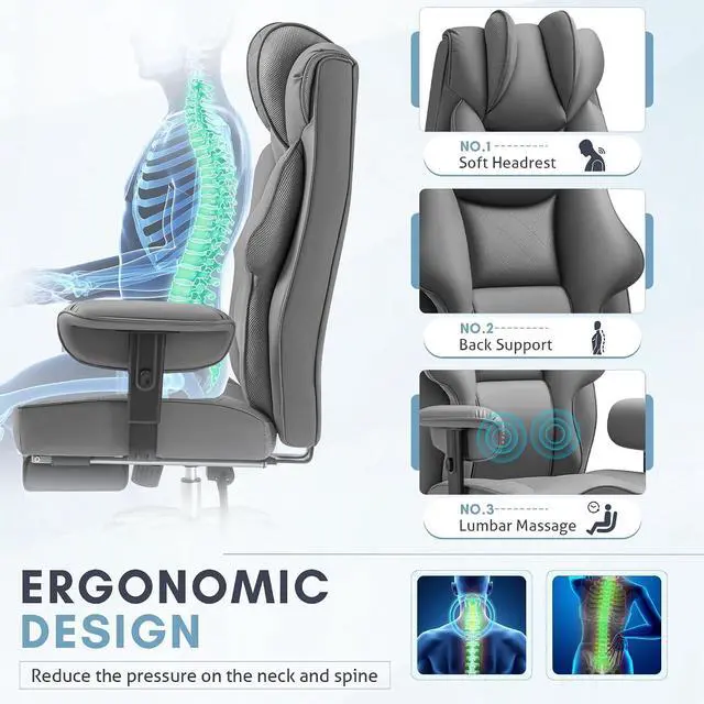 Alt view image 4 of 7 - Massage Office Chair with Foot Rest for Heavy People, Big and Tall Ergonomic Desk Chair 400LBS Reclining High Back Executive Chair with Adjustable Armrests (Leather, Gray)