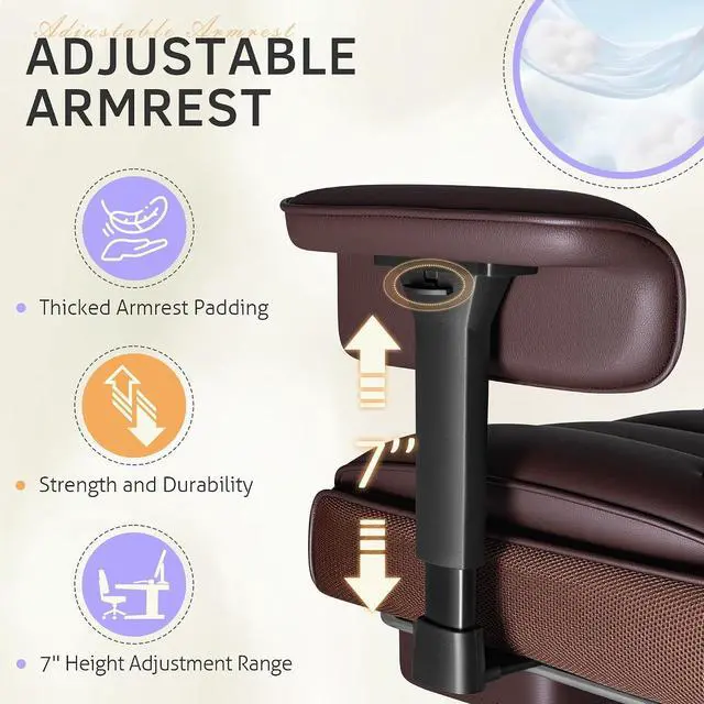 Alt view image 7 of 7 - Big and Tall Office Chair, High Back Gaming Chair with Footrest for Heavy People, 400LBS Ergonomic Comfy Office Chair with Adjustable Armrests for Home Office (Brown)