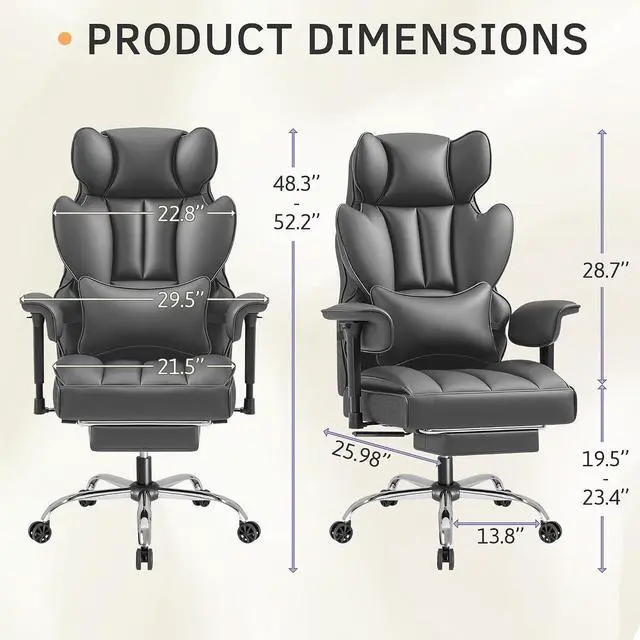 Alt view image 3 of 7 - Big and Tall Office Chair, High Back Gaming Chair with Footrest for Heavy People, 400LBS Ergonomic Comfy Office Chair with Adjustable Armrests for Home Office (Grey)